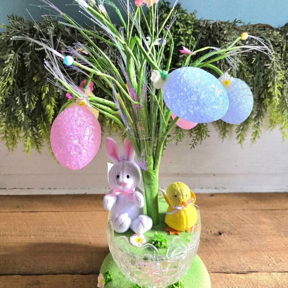 Avon Blossoming Fiber Optic Musical Light Up Easter Egg Tree with Bunny & Chick
